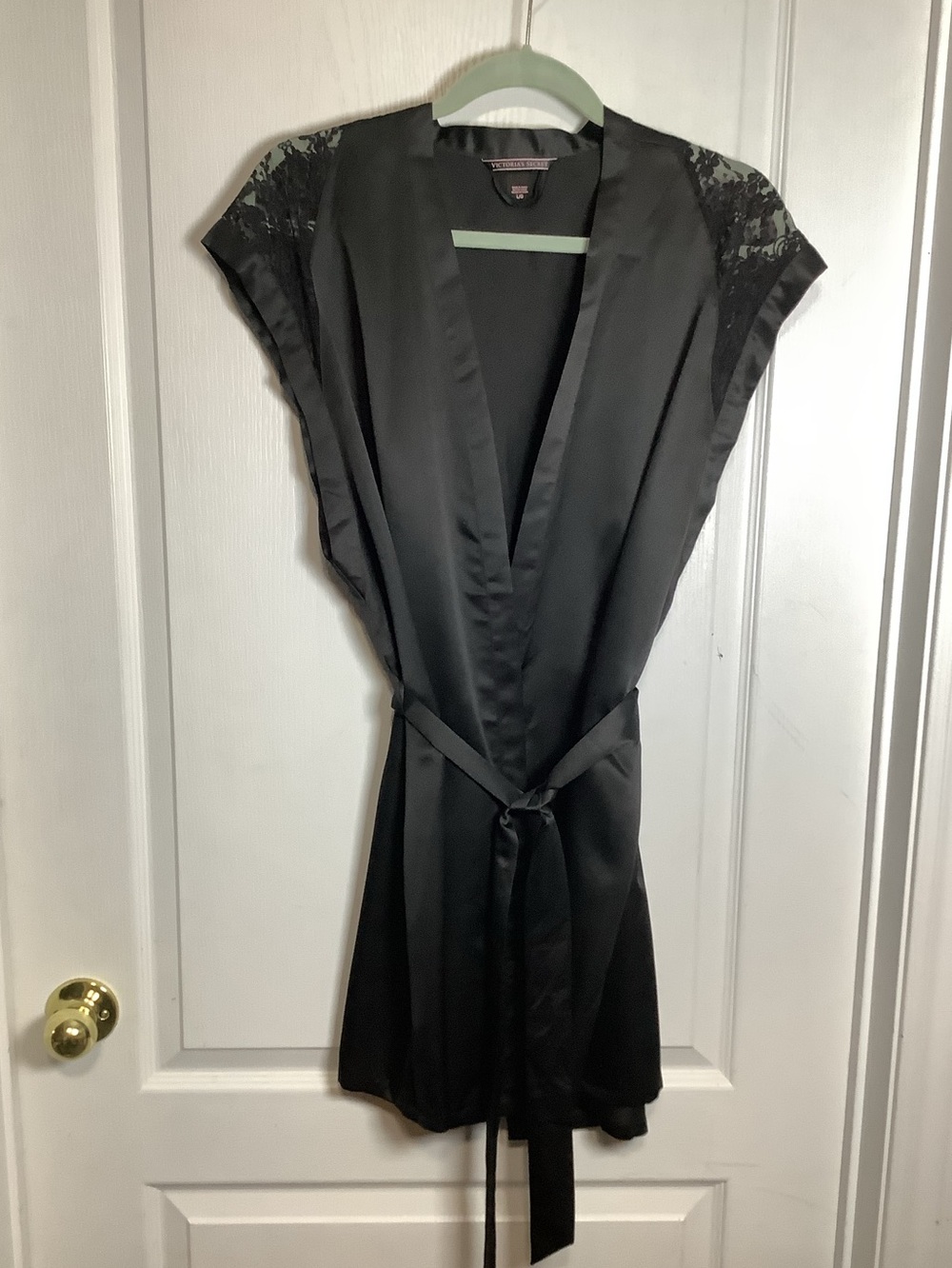 Victoria’s Secret Satin Black Lace-Trim Robe with Waist Tie